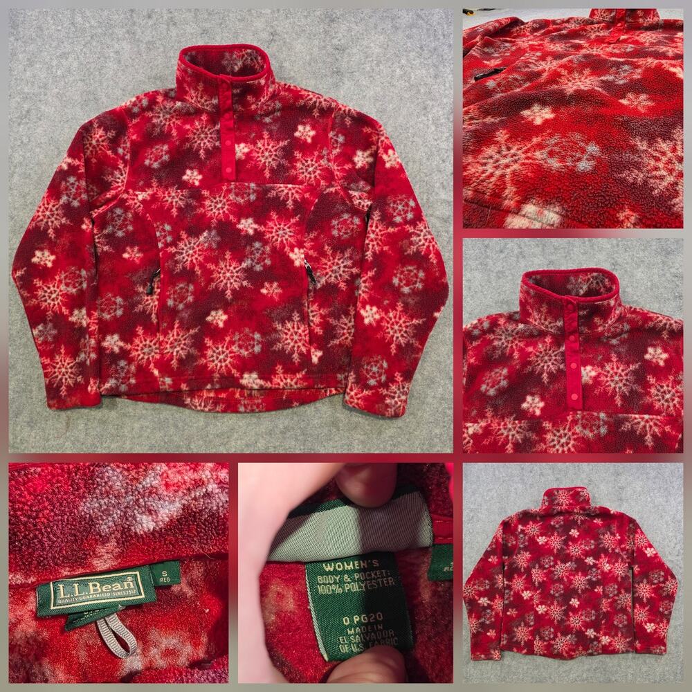 LL Bean Fleece Pullover‎ Womens Small Red Snowflake Snap Pocket Jacket Holiday